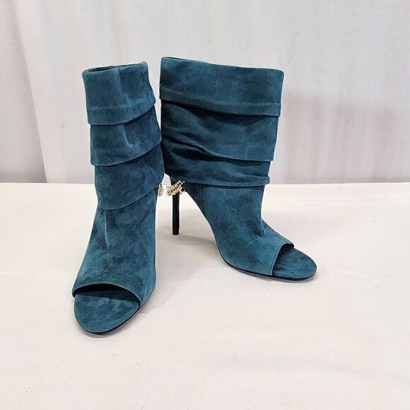 GUESS Adilee Teal Chain Pleated Peep Toe Stiletto Leather Booties Aize 9.5 M - Picture 2 of 11